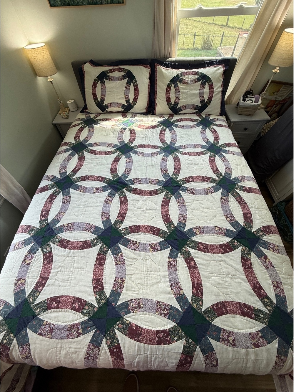 Queen Vintage Double Wedding Ring Quilt 92x84 Handmade Quilt 2 Shams (TB?)